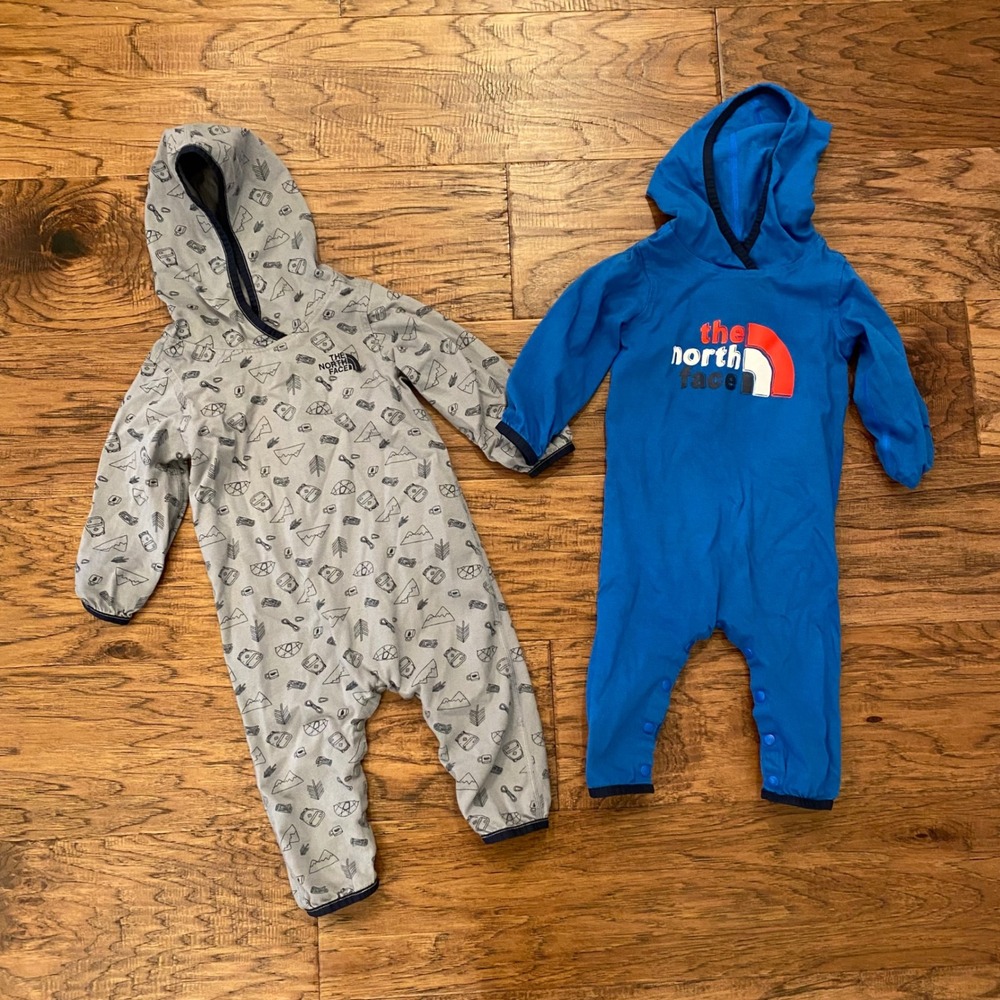 The North Face Romper Lot of 2 Unisex 6-12M Blue Grey Camping Print Hooded
